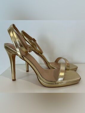 Elisabet Tang Gold Metallic Strappy Heels Ankle Strap Sandals 9.5